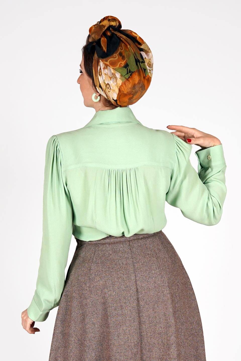 Long Sleeve Classic Blouse in Mint Green Made in Sustainable Viscose Crepe 1940s Style Weekend Doll
