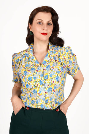 Half Sleeve Classic Blouse in Yellow Floral Print, Made in Sustainable Viscose Crepe | 1940s Style | Weekend Doll  
