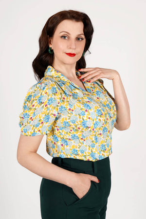 Half Sleeve Classic Blouse in Yellow Floral Print, Made in Sustainable Viscose Crepe | 1940s Style | Weekend Doll  