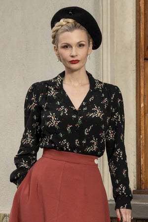 Long Sleeve Classic Blouse in Berry Floral Print in Black, Made in Sustainable Viscose Crepe | 1940s Style | Weekend Doll  