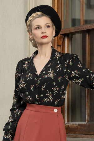 Long Sleeve Classic Blouse in Berry Floral Print in Black, Made in Sustainable Viscose Crepe | 1940s Style | Weekend Doll  