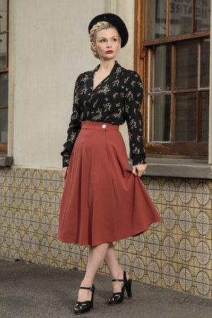 Long Sleeve Classic Blouse in Berry Floral Print in Black, Made in Sustainable Viscose Crepe | 1940s Style | Weekend Doll  
