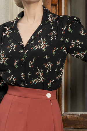 Long Sleeve Classic Blouse in Berry Floral Print in Black, Made in Sustainable Viscose Crepe | 1940s Style | Weekend Doll  