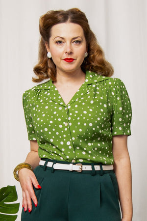 Half Sleeve Classic Blouse in Green Polka Dot, Made in Sustainable Viscose Crepe | 1940s Style | Weekend Doll  