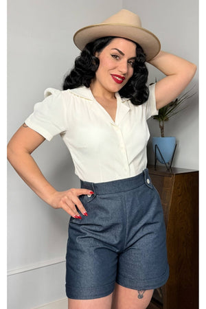High waist vintage-style navy denim shorts inspired | 1940s and 1950s Style | Weekend Doll
