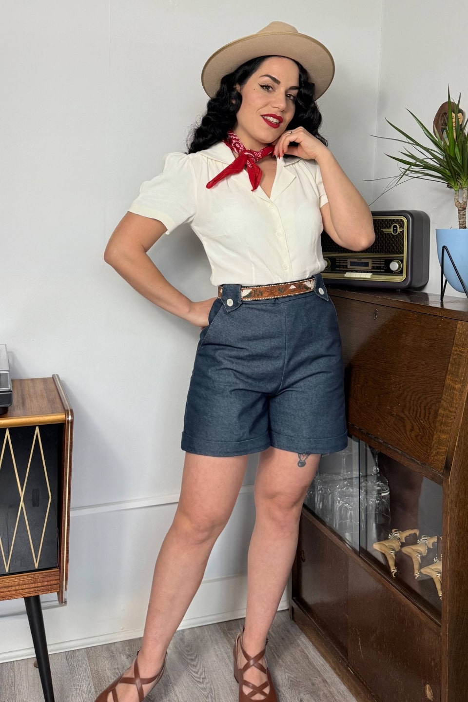 High waist vintage-style navy denim shorts inspired | 1940s and 1950s Style | Weekend Doll