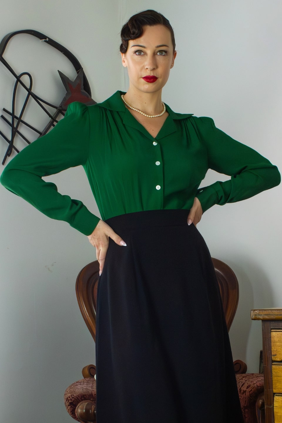 Long Sleeve Classic Blouse in Jade Green, Made in Sustainable Viscose Crepe | 1940s Style | Weekend Doll  