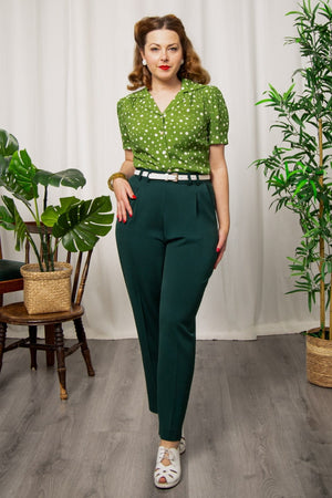 Half Sleeve Classic Blouse in Green Polka Dot, Made in Sustainable Viscose Crepe | 1940s Style | Weekend Doll  