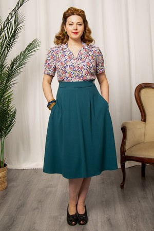 1940s style Knee-length A-line Skirt in Muted Teal | Weekend Doll  
