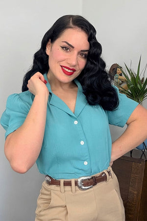 Half Sleeve Classic Blouse in Teal, Made in Sustainable Viscose Crepe | 1940s Style | Weekend Doll  
