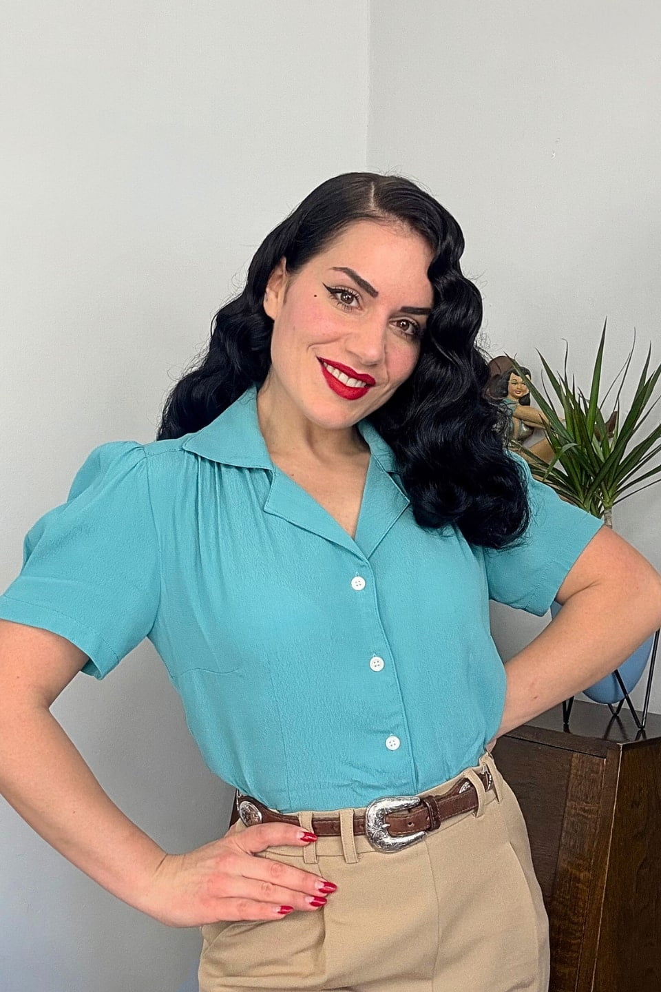Half Sleeve Classic Blouse in Teal, Made in Sustainable Viscose Crepe | 1940s Style | Weekend Doll  