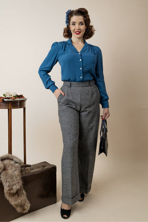 Long Sleeve Classic Blouse in Petrol blue, Made in Sustainable Viscose Crepe | 1940s Style | Weekend Doll  