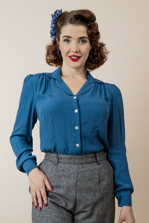 Long Sleeve Classic Blouse in Petrol blue, Made in Sustainable Viscose Crepe | 1940s Style | Weekend Doll  
