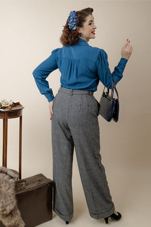 Long Sleeve Classic Blouse in Petrol blue, Made in Sustainable Viscose Crepe | 1940s Style | Weekend Doll  