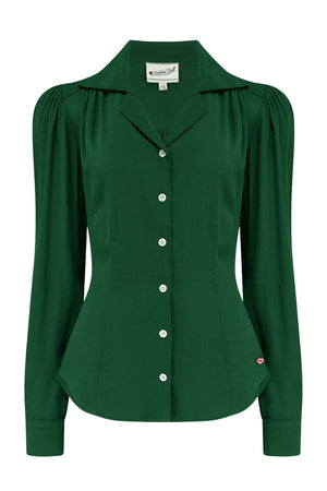 Long Sleeve Classic Blouse in Bottle  Green, Made in Sustainable Viscose Crepe | 1940s Style | Weekend Doll  