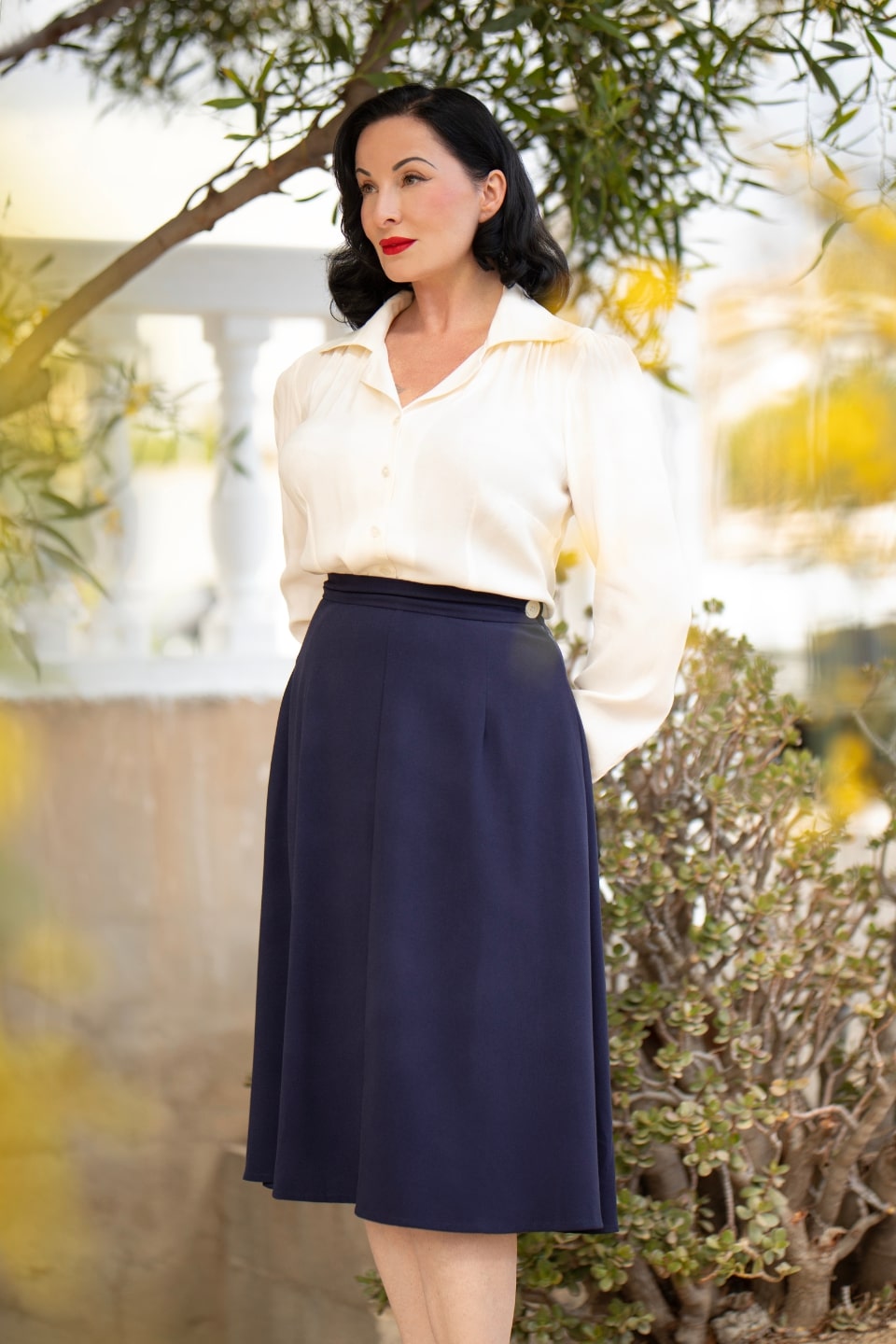 Long Sleeve Classic Blouse in Ivory, Made in Sustainable Viscose Crepe | 1940s Style | Weekend Doll
