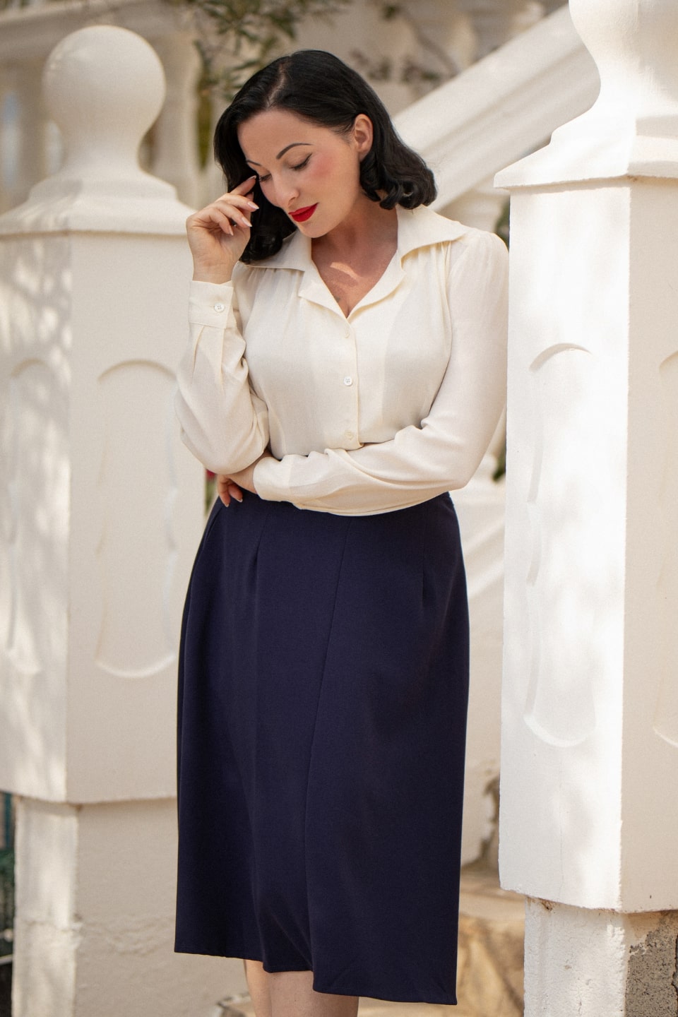 Long Sleeve Classic Blouse in Ivory, Made in Sustainable Viscose Crepe | 1940s Style | Weekend Doll