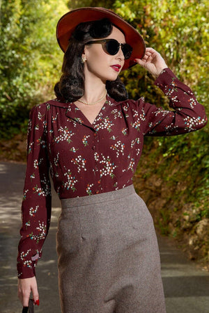 Long Sleeve Classic Blouse in Berry Floral Print in Burgundy Brown, Made in Sustainable Viscose Crepe | 1940s Style | Weekend Doll  