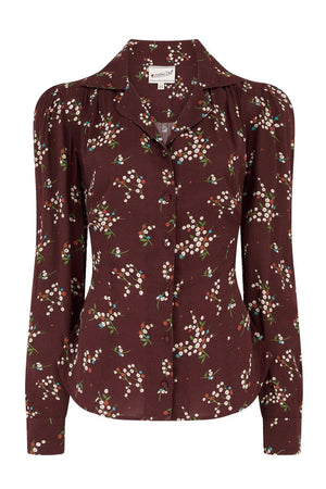Long Sleeve Classic Blouse in Berry Floral Print in Burgundy Brown, Made in Sustainable Viscose Crepe | 1940s Style | Weekend Doll  