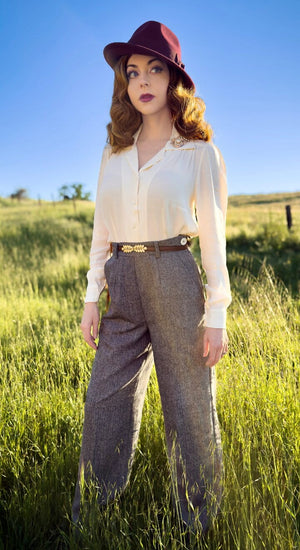 Grey High Waisted Wide Leg Herringbone Wool Trousers - 1930s & 40s style | Weekend Doll