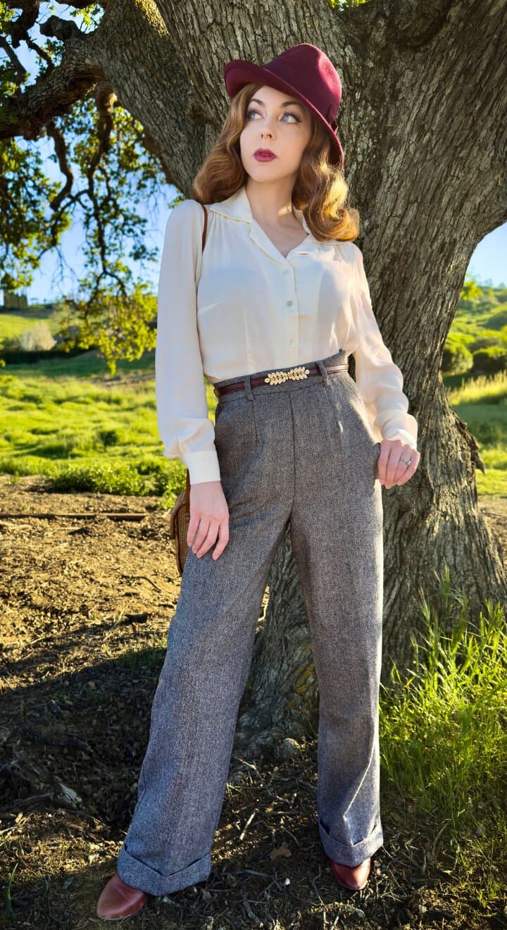 Grey High Waisted Wide Leg Herringbone Wool Trousers - 1930s & 40s
