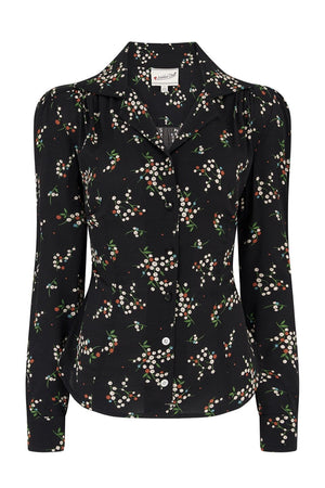 Long Sleeve Classic Blouse in Berry Floral Print in Black, Made in Sustainable Viscose Crepe | 1940s Style | Weekend Doll  