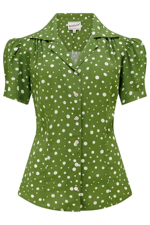 Half Sleeve Classic Blouse in Green Polka Dot, Made in Sustainable Viscose Crepe | 1940s Style | Weekend Doll  