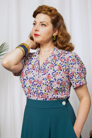 Half Sleeve Classic Blouse in Purple Hydrangea, Made in Sustainable Viscose Crepe | 1940s Style | Weekend Doll 