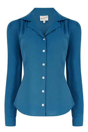 Long Sleeve Classic Blouse in Petrol blue, Made in Sustainable Viscose Crepe | 1940s Style | Weekend Doll  