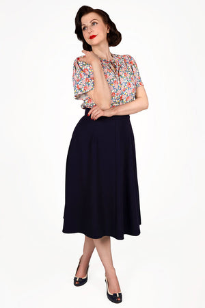 Vintage-inspired tie-neck short flared sleeve blouse in Pink Hydrangea | 1930s and 40s Style | Weekend Doll 