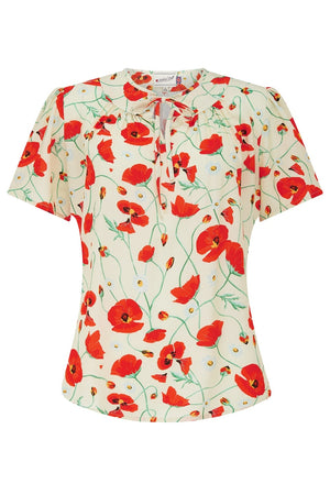 Vintage-inspired tie-neck, short, flared sleeve blouse in red floral | 1930s and 40s Style | Weekend Doll
