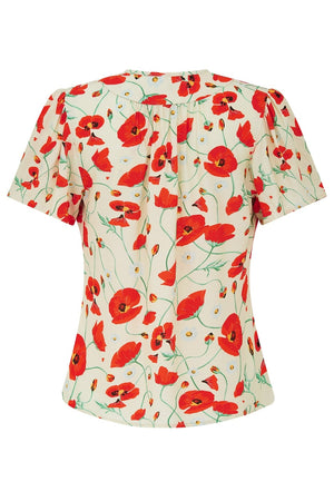 Vintage-inspired tie-neck, short, flared sleeve blouse in red floral | 1930s and 40s Style | Weekend Doll