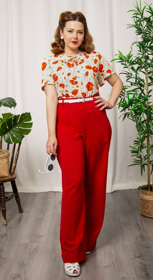 Red High Waisted Wide Leg Trousers - 1930s & 40s style | Weekend Doll