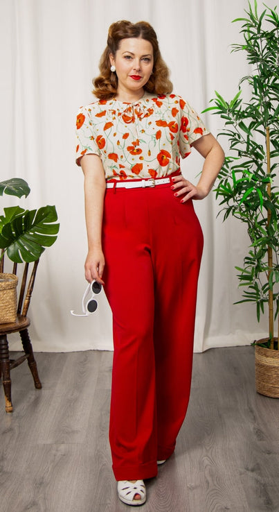 Red High Waisted Wide Leg Trousers - 1930s & 40s style | Weekend Doll