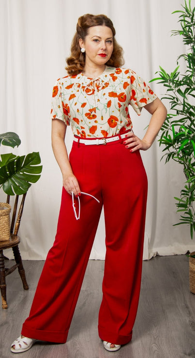 Red High Waisted Wide Leg Trousers - 1930s & 40s style | Weekend Doll
