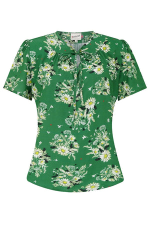 Vintage-inspired tie-neck, short, flared sleeve blouse in green floral | 1930s and 40s Style | Weekend Doll