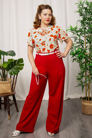 Vintage-inspired tie-neck, short, flared sleeve blouse in red floral | 1930s and 40s Style | Weekend Doll