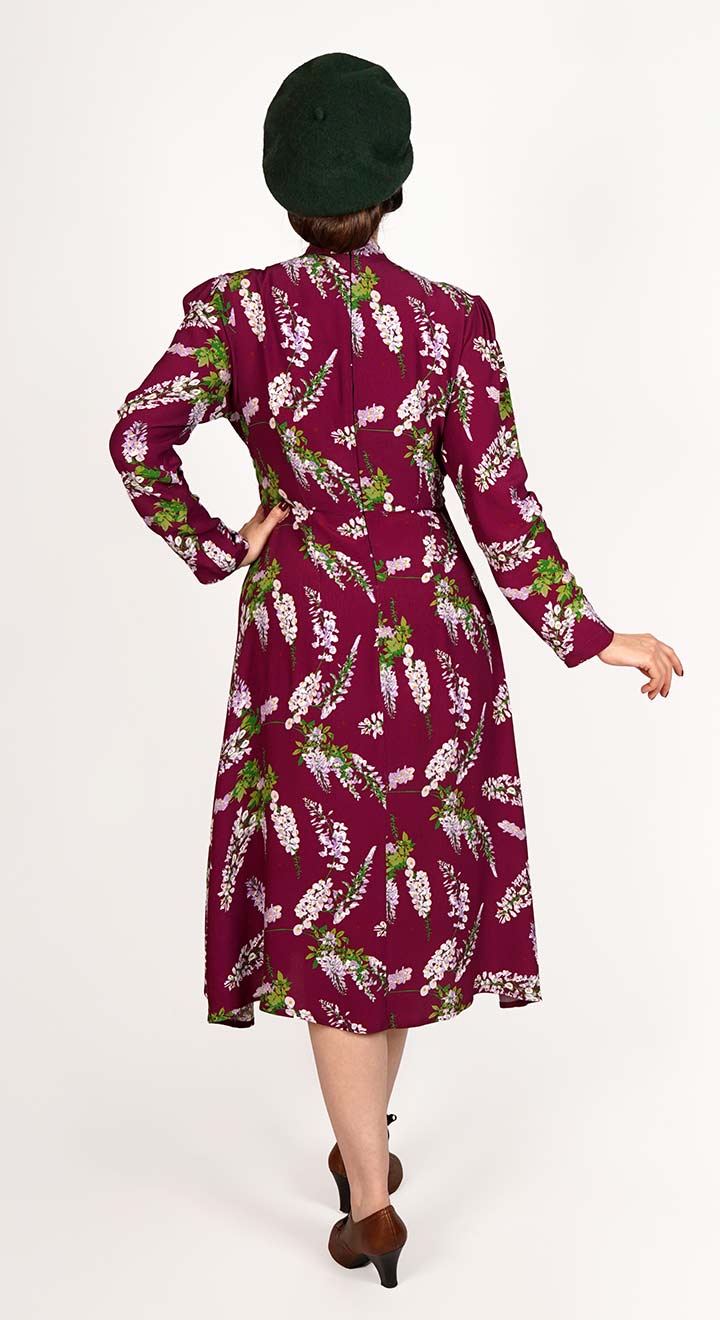 Vintage Inspired Pussy Bow Burgundy Wisteria Print Knee Length Tea Dress | 1930s & 1940s Style | Weekend Dol