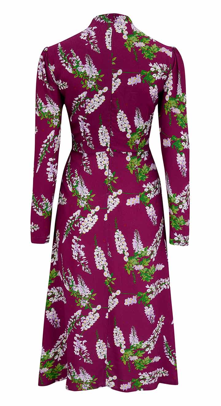 Vintage Inspired Pussy Bow Burgundy Wisteria Print Knee Length Tea Dress | 1930s & 1940s Style | Weekend Dol