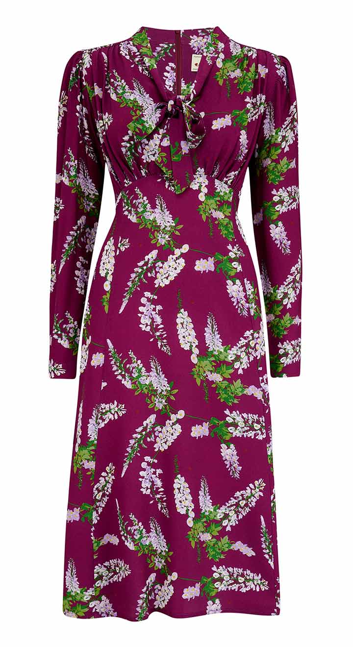 Vintage Inspired Pussy Bow Burgundy Wisteria Print Knee Length Tea Dress | 1930s & 1940s Style | Weekend Dol