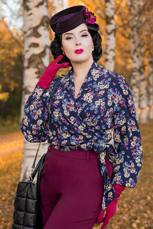 Vintage Inspired Grace Wrap Blouse In Navy Daisy | 1940s and 50s Style | Weekend Doll 