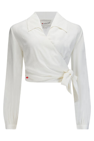 Vintage Inspired Rayon Long Sleeve Grace Wrap Blouse In Ivory | 1940s and 50s Style | Weekend Doll 