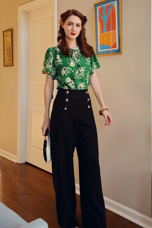 Vintage-inspired tie-neck, short, flared sleeve blouse in green floral | 1930s and 40s Style | Weekend Doll 