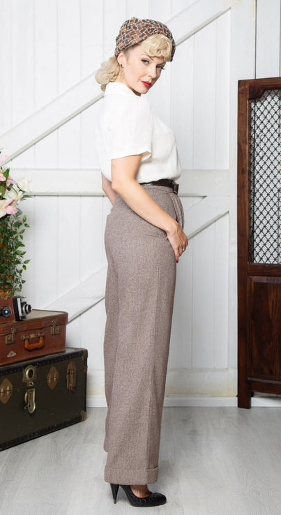 Short 1930s and 40s Classic Wide Leg Trousers in Brown Herringbone