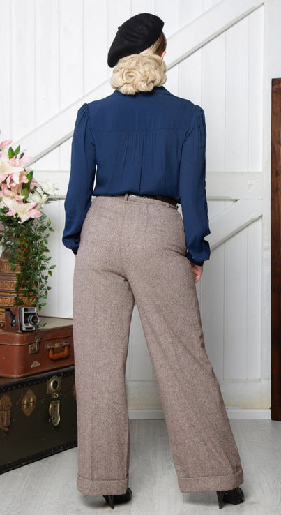 Short Length Brown High Waisted Wide Leg Herringbone Wool Trousers - 1930s & 40s style | Weekend Doll