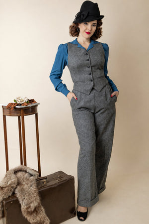 Women’s 1940s Tailored Grey Herringbone Waistcoat with Matching Suit | 1940s Style|Weekend Doll  