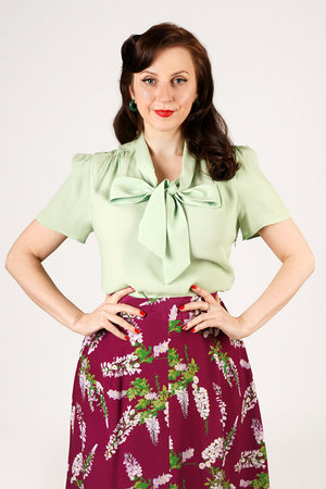 1940s and 50s Style Short Sleeve Pussy Bow Blouse In Mint Green  | Vintage Inspired | Weekend Doll 