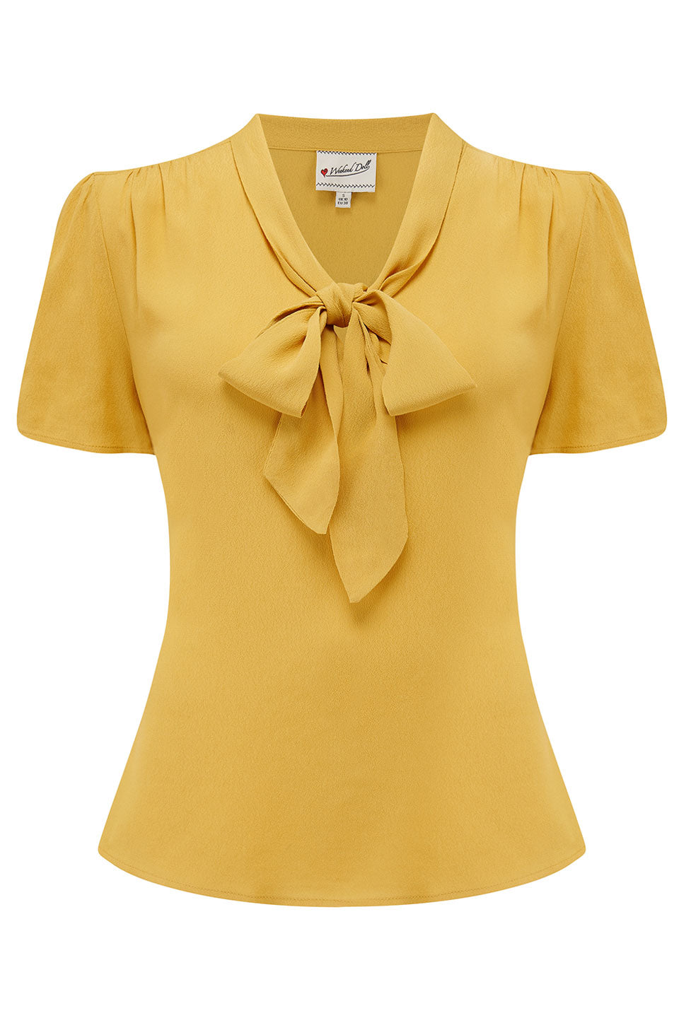 1940s and 50s Style Short Sleeve Pussy Bow Blouse In Mustard  | Vintage Inspired | Weekend Doll 
