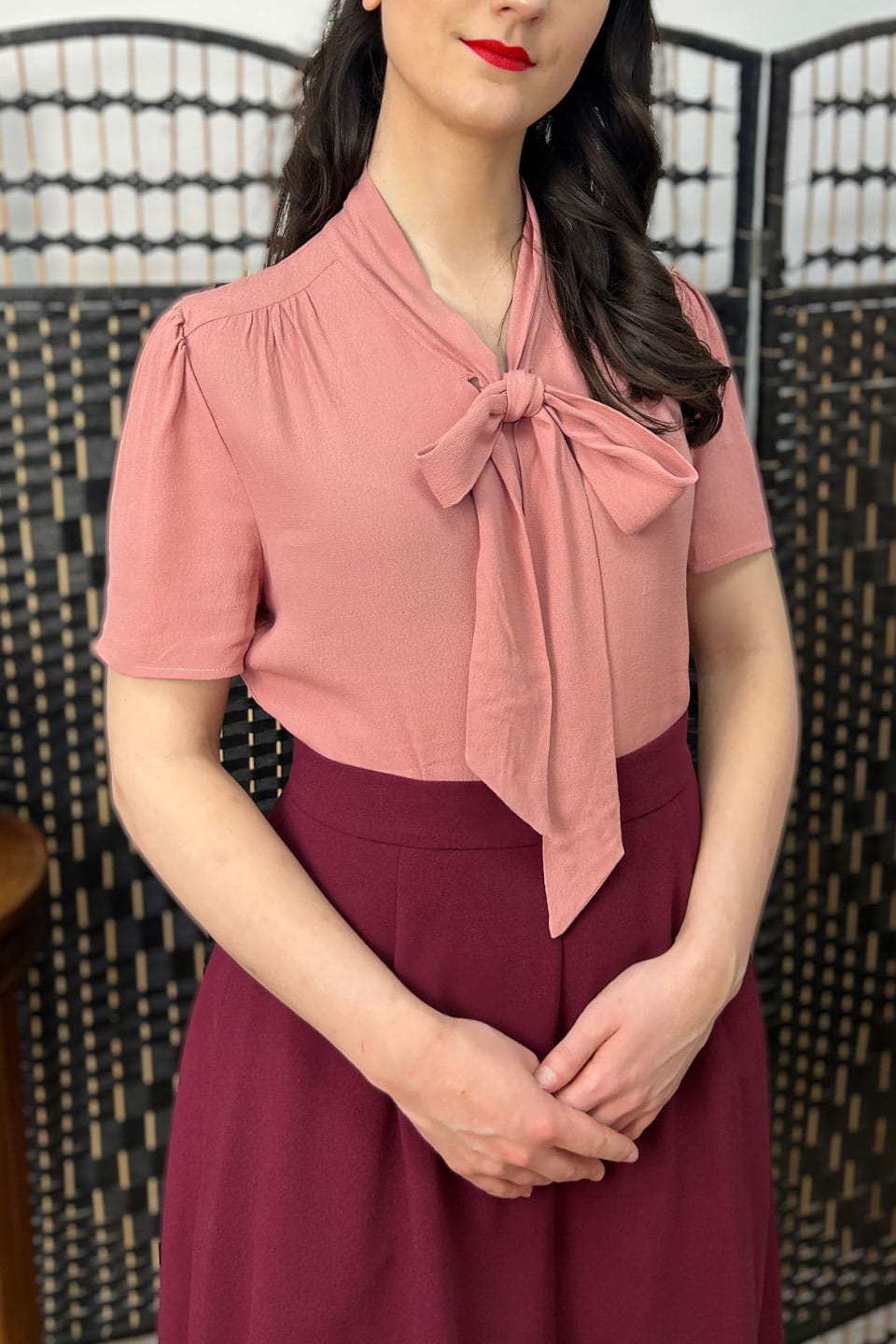 1940s and 50s Style Short Sleeve Pussy Bow Blouse In Rose Vintage Inspired | Weekend Doll 