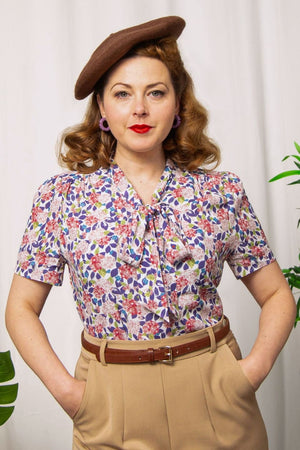 1940s and 50s Style Short Sleeve Pussy Bow Blouse In Purple Hydrangea | Vintage Inspired